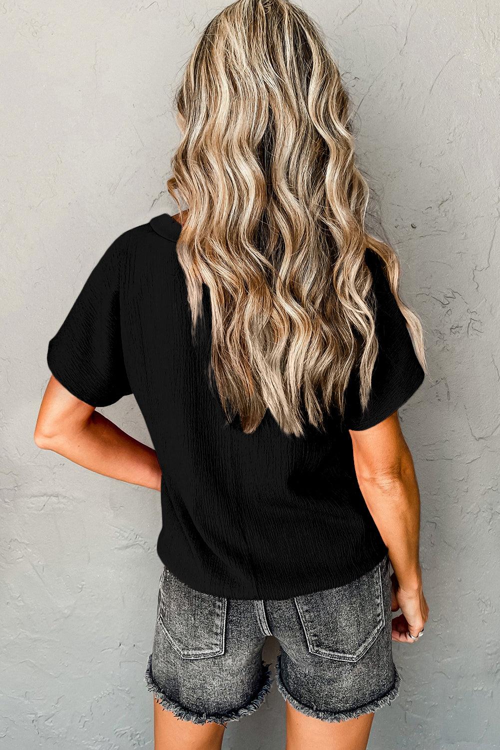 Blue Plain Crinkled V Neck Flounce Sleeve T Shirt - The Fair Lady Shop