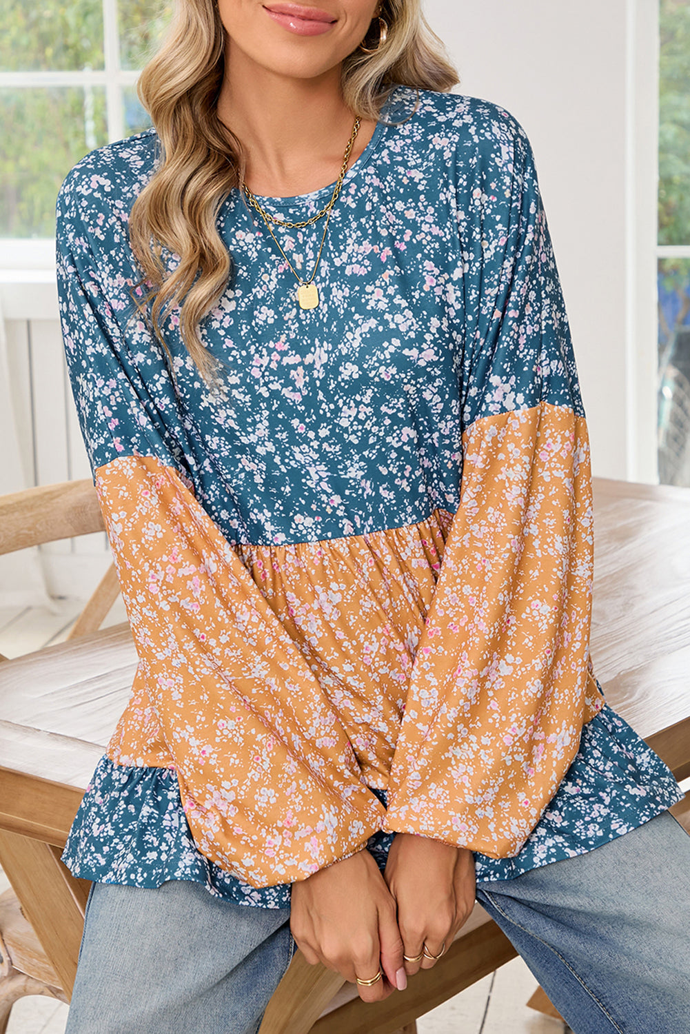 Orange Ditsy Floral Color Block Ruffle Hem Long Sleeve Top - The Fair Lady Shop