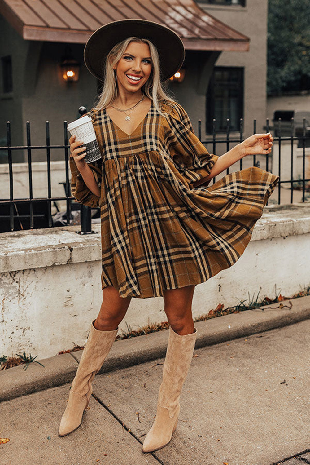 Brown Plaid Pattern Empire Waist Babydoll Dress - The Fair Lady Shop