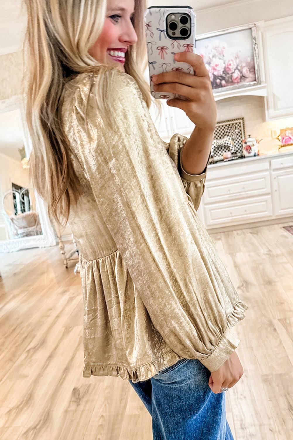 Gold Metallic Velvet Frill V Neck Puff Sleeve Babydoll Blouse - The Fair Lady Shop