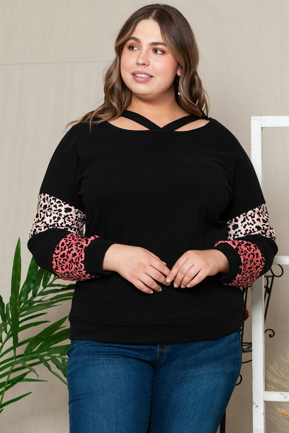 Black Plus Size Leopard Patchwork Strappy Neck Top - The Fair Lady Shop