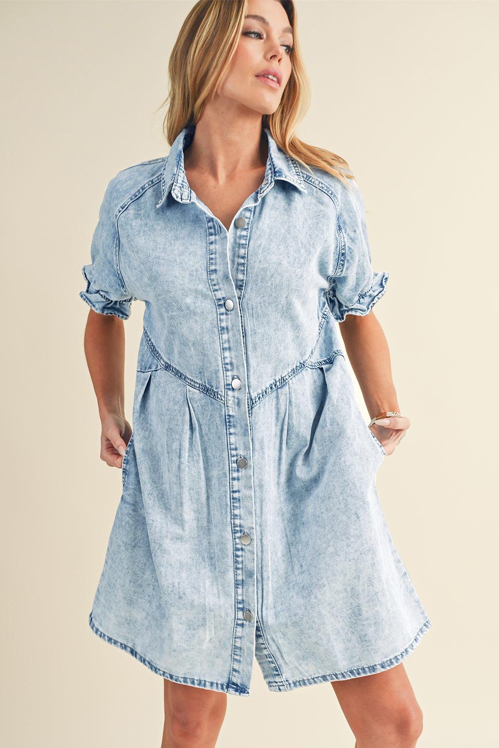 Blue Mineral Washed Ruffled Short Sleeve Pocketed Denim Dress - The Fair Lady Shop