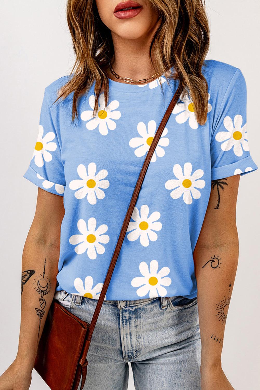 Sky Blue Daisy Print Crewneck T Shirt - The Fair Lady Shop