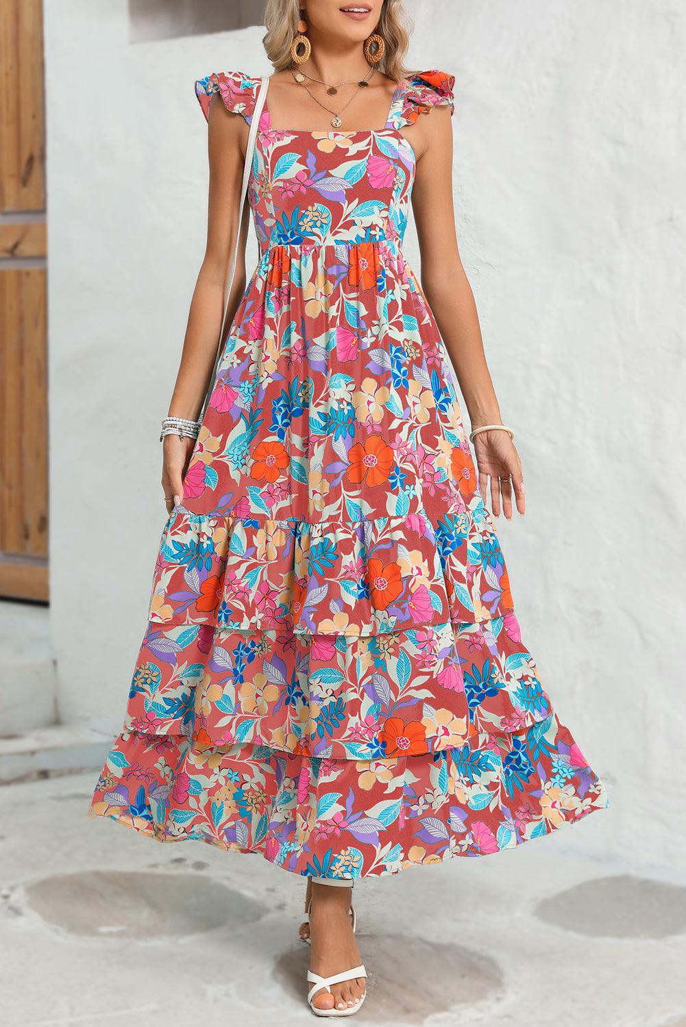 Pink Floral Print Sleeveless Ruffle Tiered Maxi Dress - The Fair Lady Shop