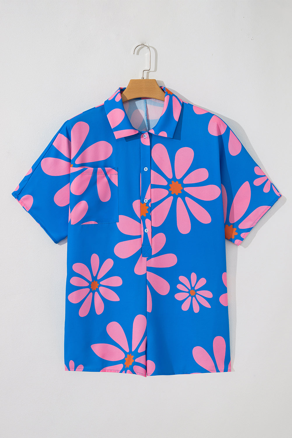 Blue Summer Flower Print Shirt Collar Loose Romper - The Fair Lady Shop