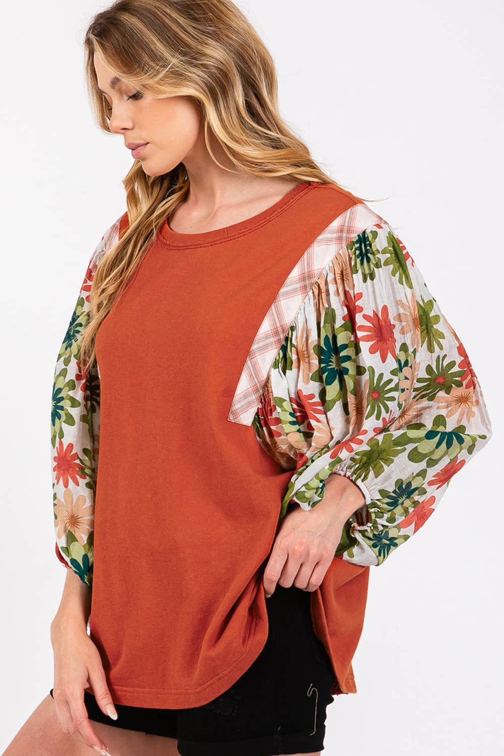 Desert Gold Floral Patchwork Sleeve Loose Top - The Fair Lady Shop