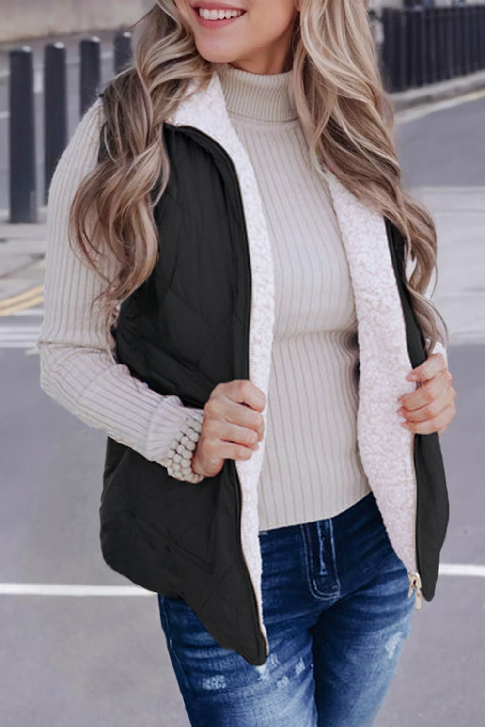 Black Zip Up Fleece Lined Quilted Vest Coat - The Fair Lady Shop
