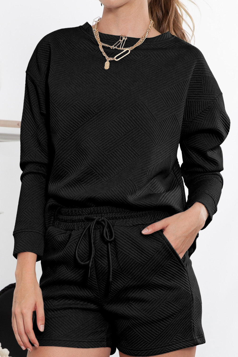 Black Textured Long Sleeve Top & Drawstring Shorts Set - The Fair Lady Shop
