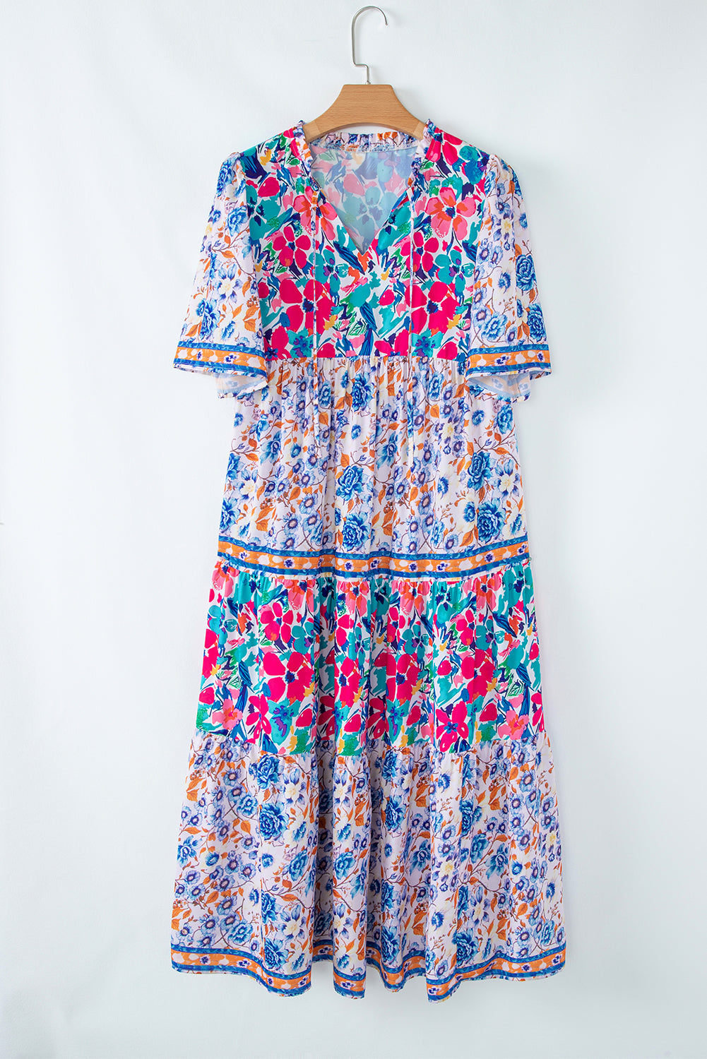 Sky Blue Mixed Floral Print Tie Split Neck Short Sleeve Dress - The Fair Lady Shop