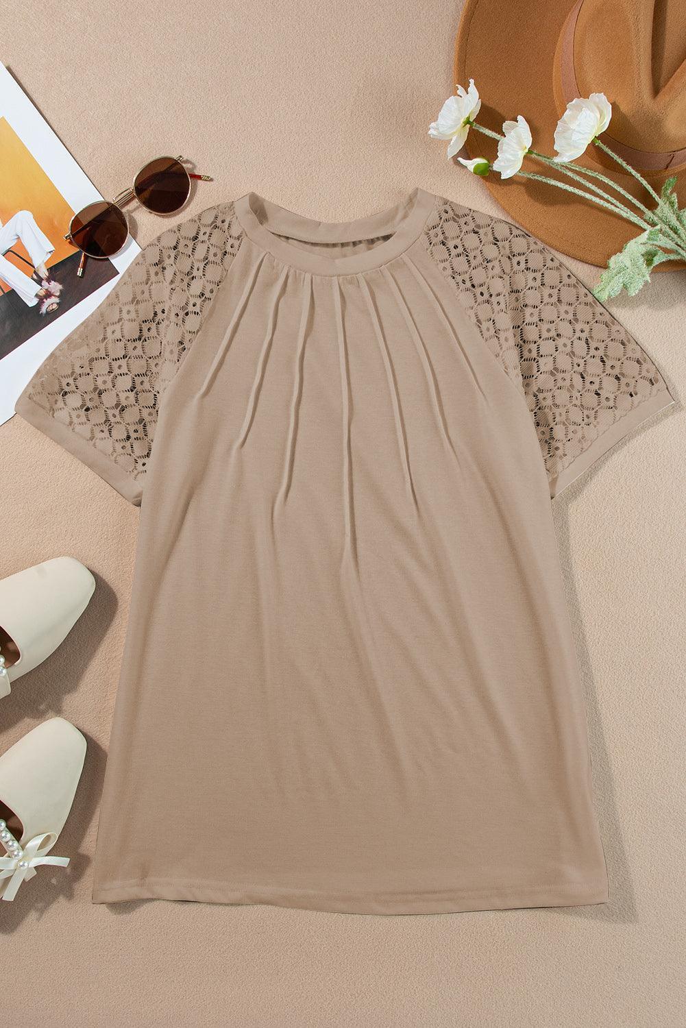 Pale Khaki Seamed Detail Contrast Lace Raglan Sleeve Tee - The Fair Lady Shop