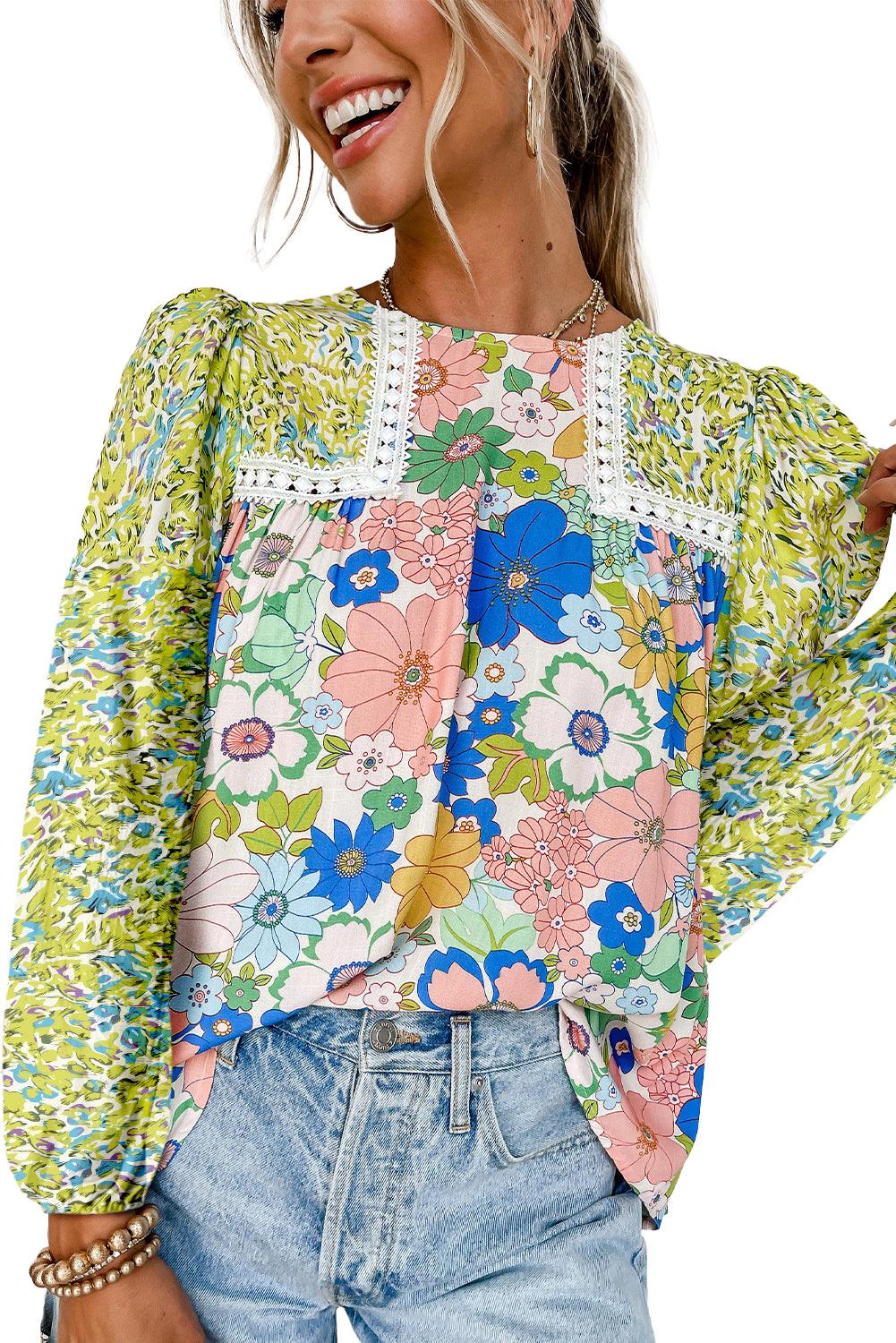 Green Bubble Sleeve Lace Detail Mixed Floral Blouse - The Fair Lady Shop