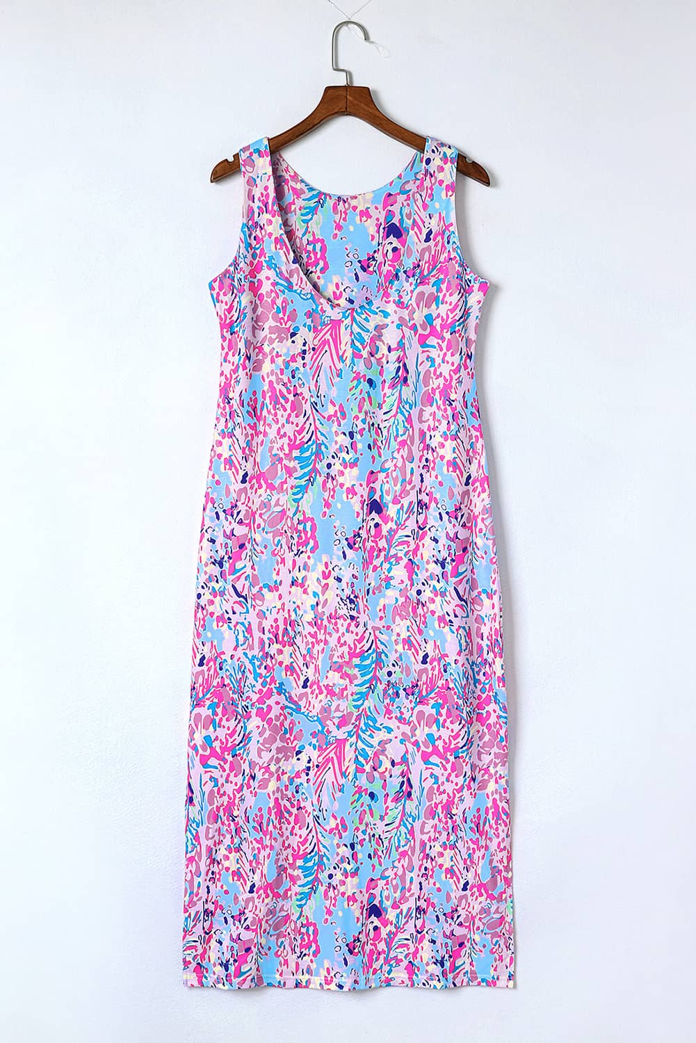 Purple Abstract Print Side Splits Round Neck Sleeveless Maxi Dress - The Fair Lady Shop