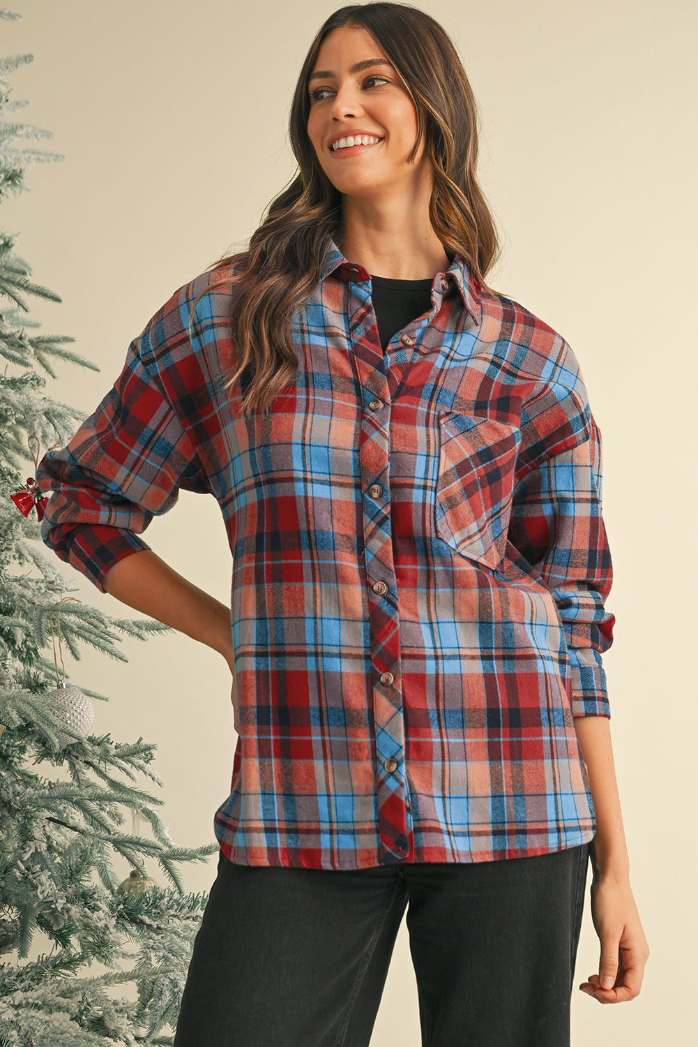 Red Plaid Print Drop Sleeve Loose Shirt - The Fair Lady Shop