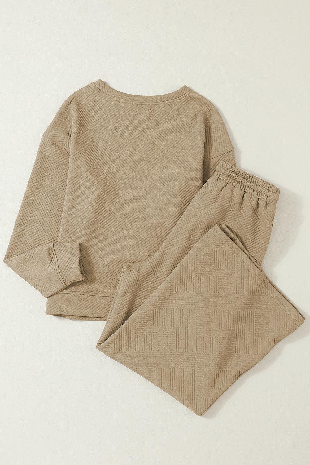Dark Brown Textured Loose Slouchy Long Sleeve Top and Pants Set - The Fair Lady Shop