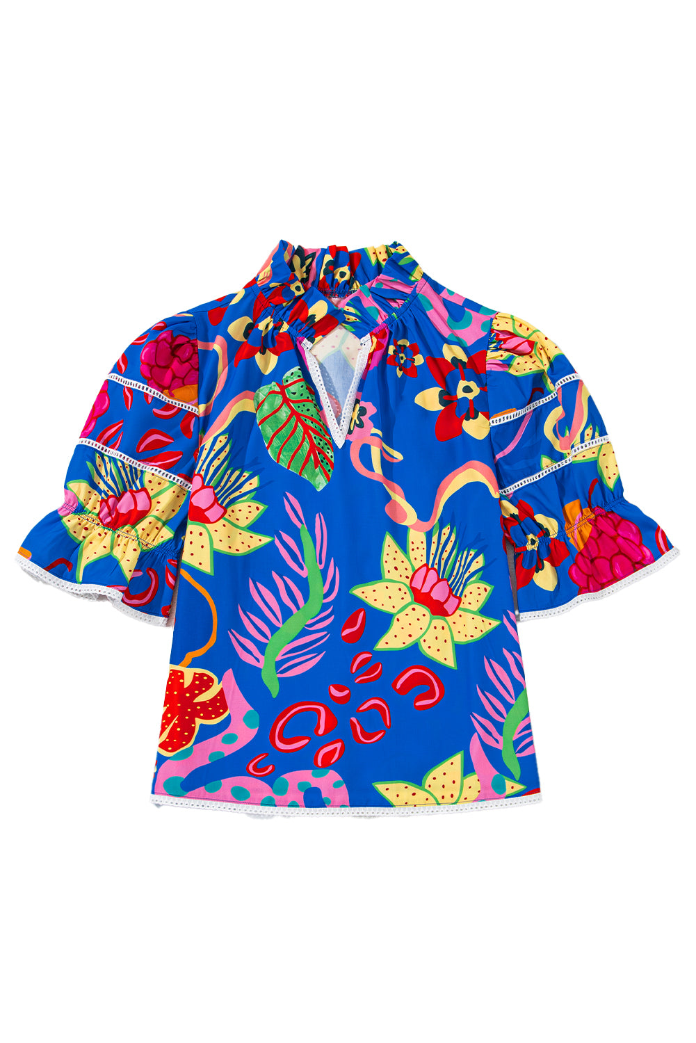 Blue Frill V-neck Abstract Print Blouse - The Fair Lady Shop