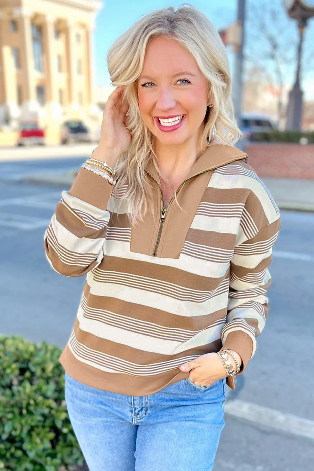 Khaki Striped Pullover Sweatshirt - Cozy Zipper Collar Design