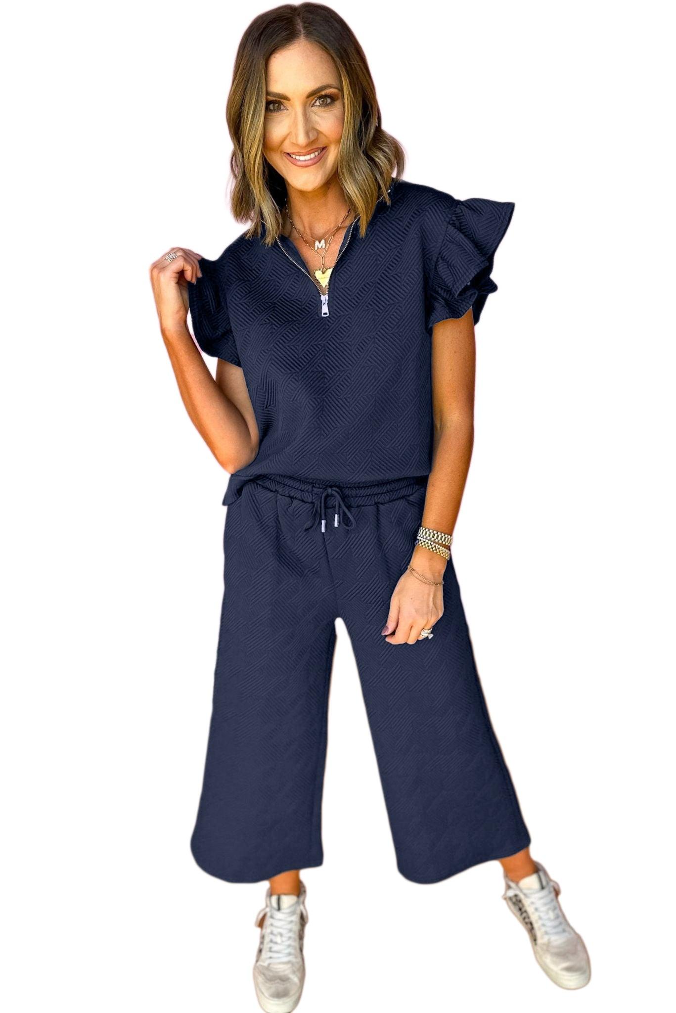 Black Textured Ruffle Cap Sleeve Top and Wide Leg Pants Set - The Fair Lady Shop