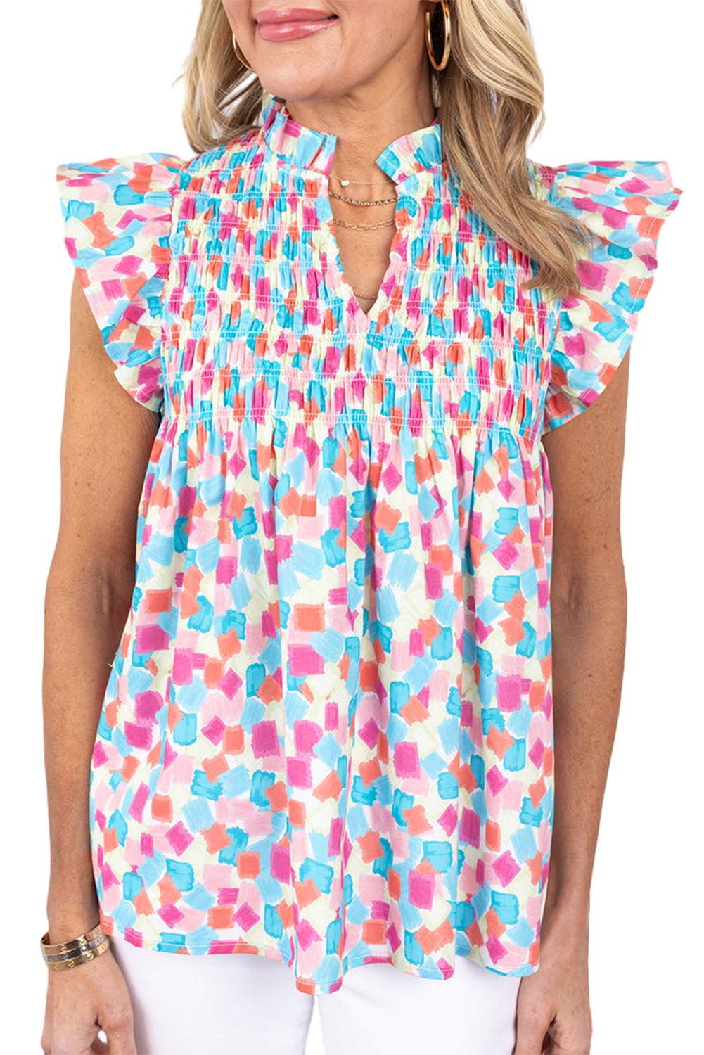 Pink Shirred Yoke Ruffle Abstract Blouse - The Fair Lady Shop
