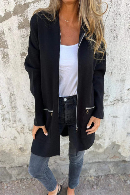 Black Solid Color Casual Zipper Hooded Jacket - The Fair Lady Shop