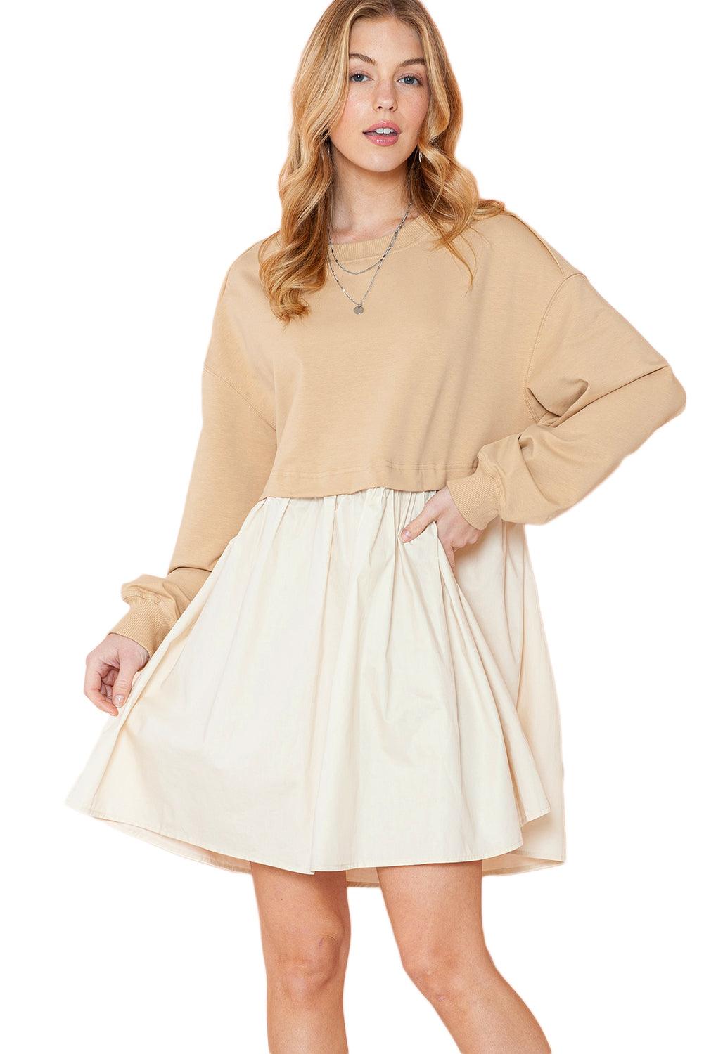 Khaki Sweatshirt Colorblock Flowy Pleated Mini Dress - The Fair Lady Shop