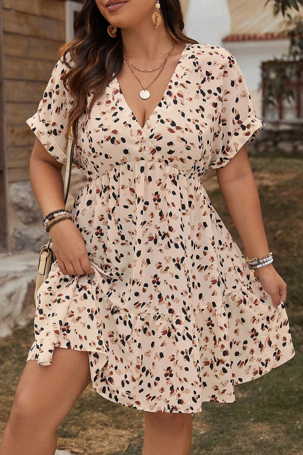 Beige Abstract Print Surplice V Neck Cuffed Sleeve Empire Waist Plus Size Dress - The Fair Lady Shop