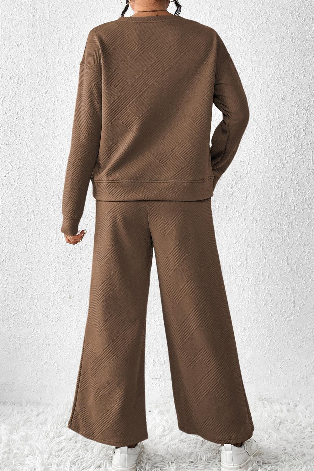 Dark Brown Textured Loose Slouchy Long Sleeve Top and Pants Set - The Fair Lady Shop