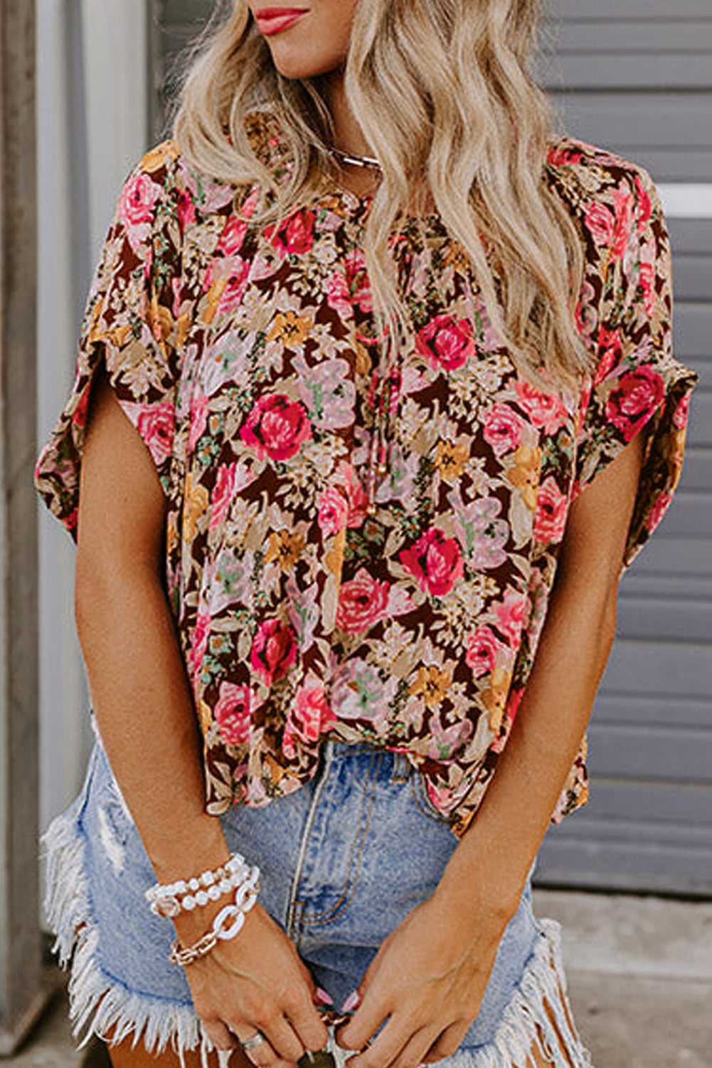 Pink Floral Print Short Sleeve Boho Blouse - The Fair Lady Shop