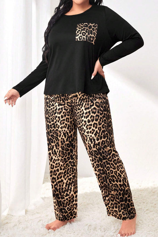 Black Leopard Patched Pocket Long Sleeve Top Plus Size Pajama Set - The Fair Lady Shop