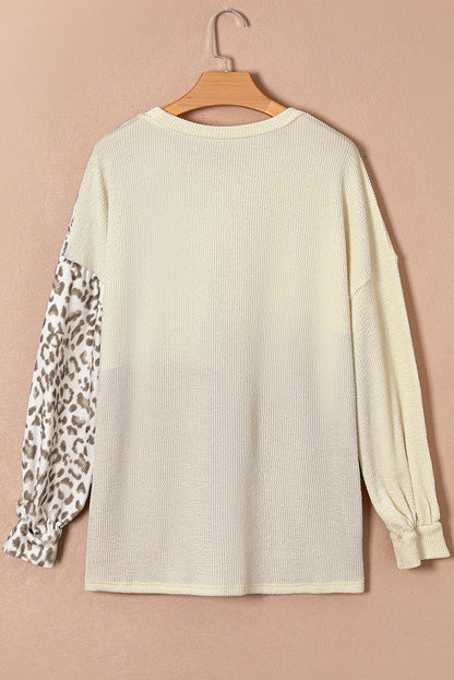 Khaki Ribbed Color Block Leopard Splicing Plus Size Top - The Fair Lady Shop