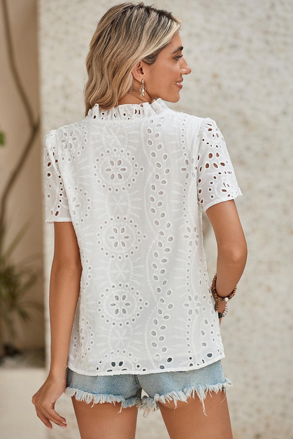 White Boho Geometric Pattern V Neck Cut-out Blouse - The Fair Lady Shop