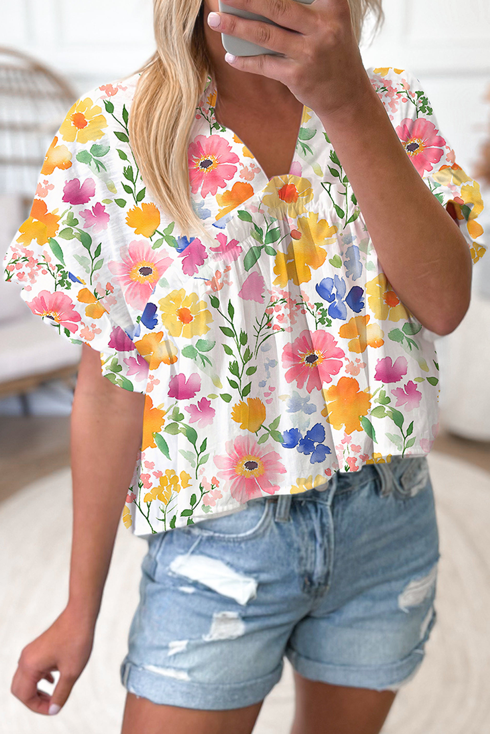 Yellow Allover Floral Print Boxy Fit V Neck Blouse - The Fair Lady Shop