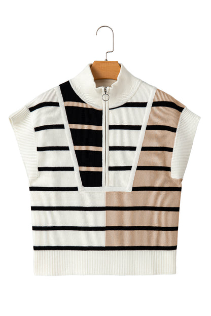 Black Stripe Quarter Zip Collar Knit Vest - The Fair Lady Shop