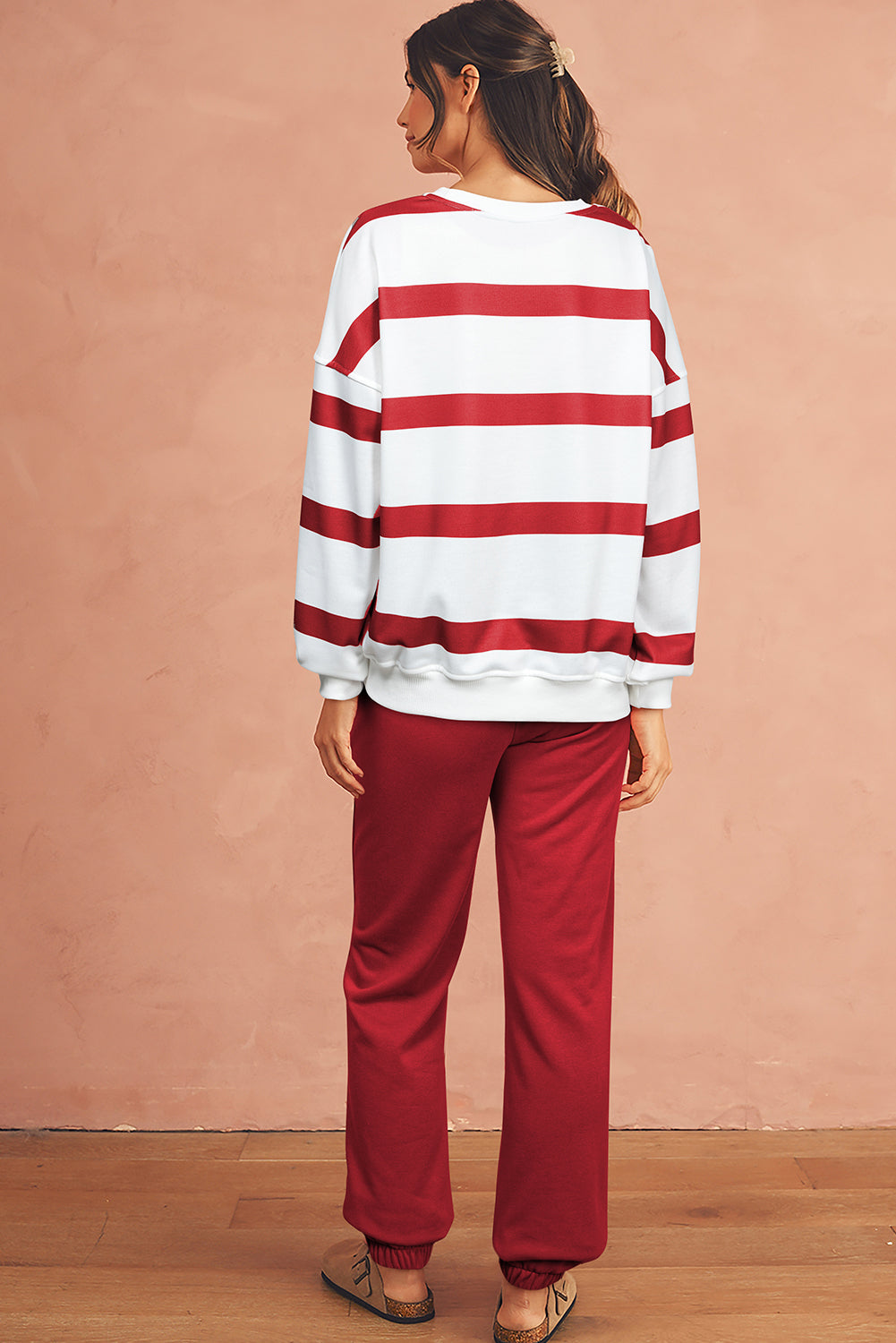 Red Striped Drop Shoulder Pullover and Joggers Set - The Fair Lady Shop