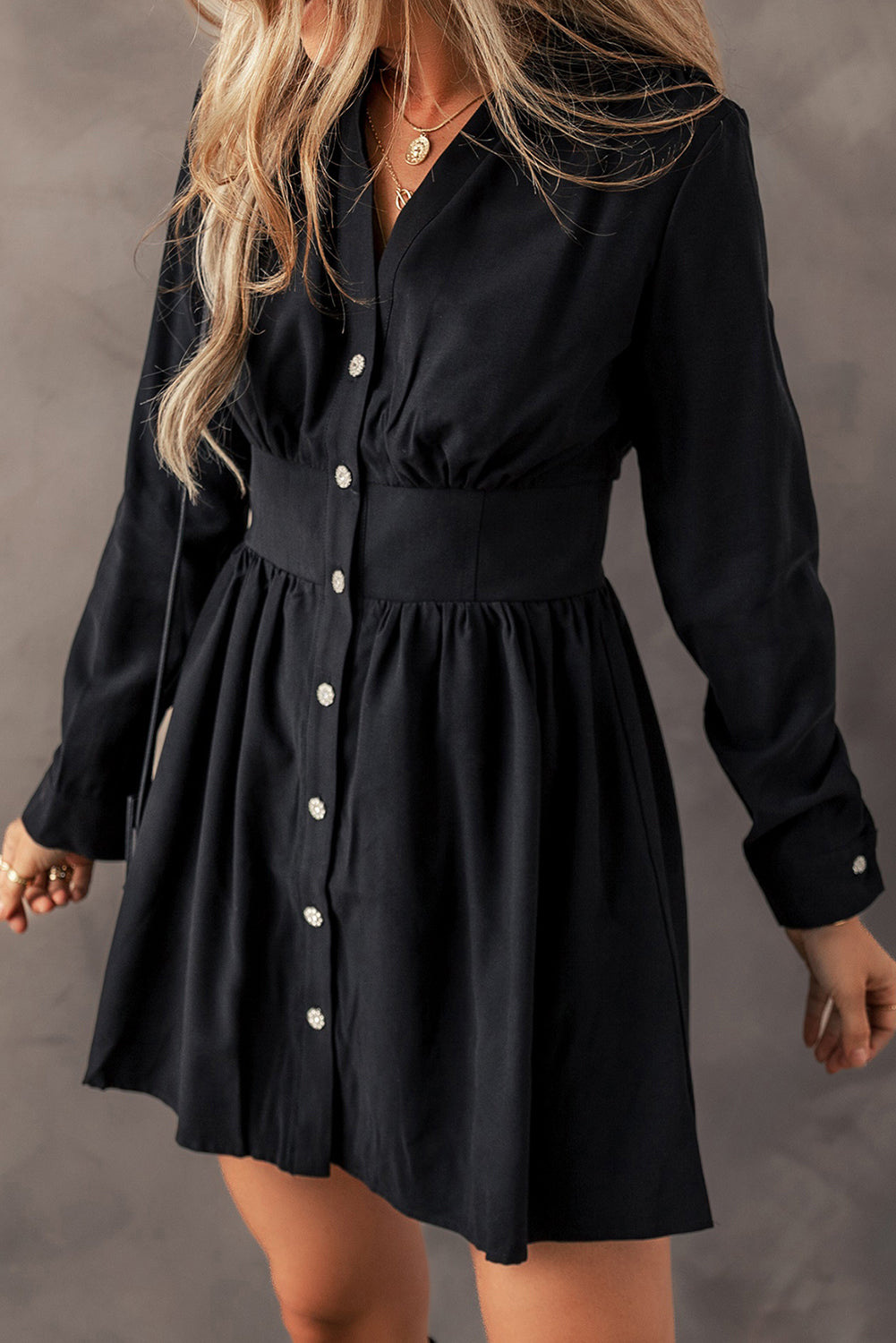 Black Buttoned High Waist Long Sleeve Mini Dress - The Fair Lady Shop