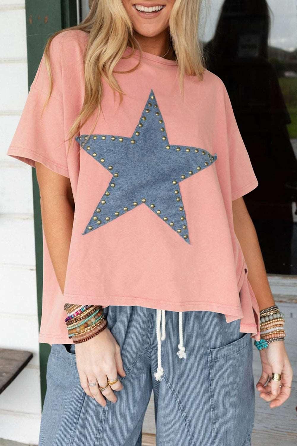 Apricot Pink Studded Star Patch Side Slits High Low Tee - The Fair Lady Shop