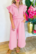 Pink Textured Ruffle Sleeve Zipped Top and Wide Leg Pants Set - The Fair Lady Shop