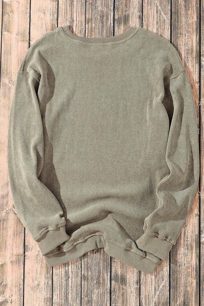 Khaki Solid Ribbed Round Neck Pullover Sweatshirt - The Fair Lady Shop