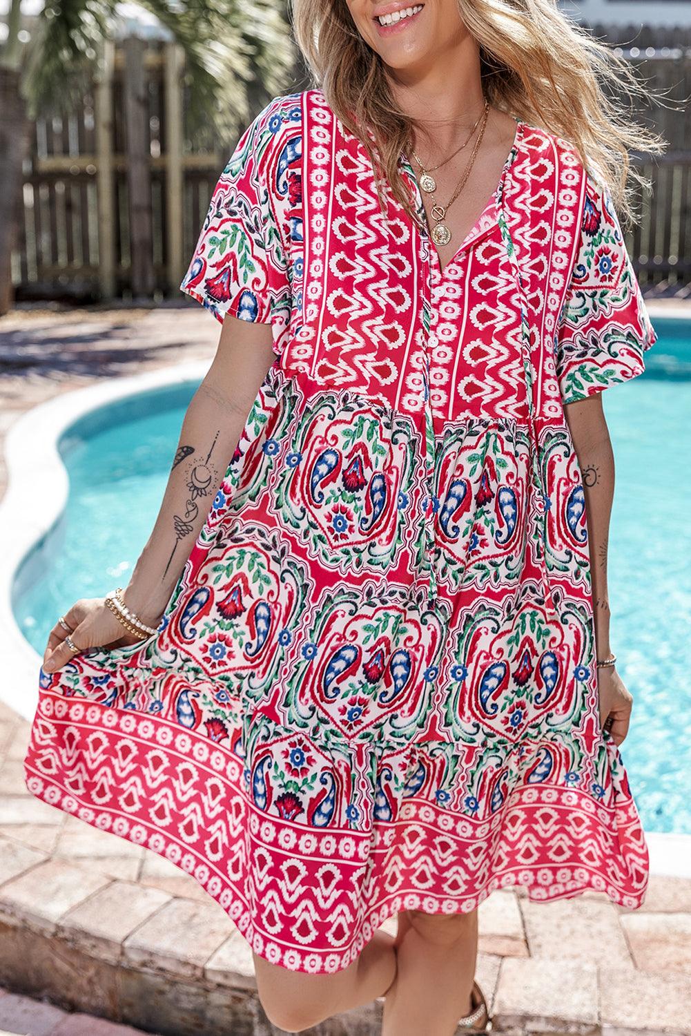 Orange Bohemian Tie Neck Flounce Sleeve Ruffle Hem Mini Dress - The Fair Lady Shop