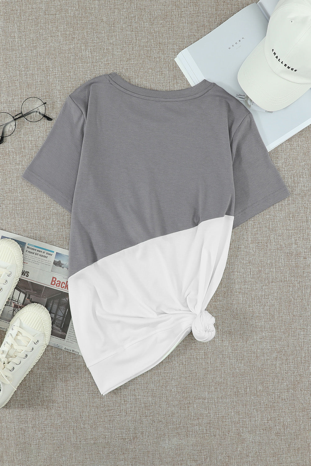 Gray Crew Neck Colorblock Tee - The Fair Lady Shop