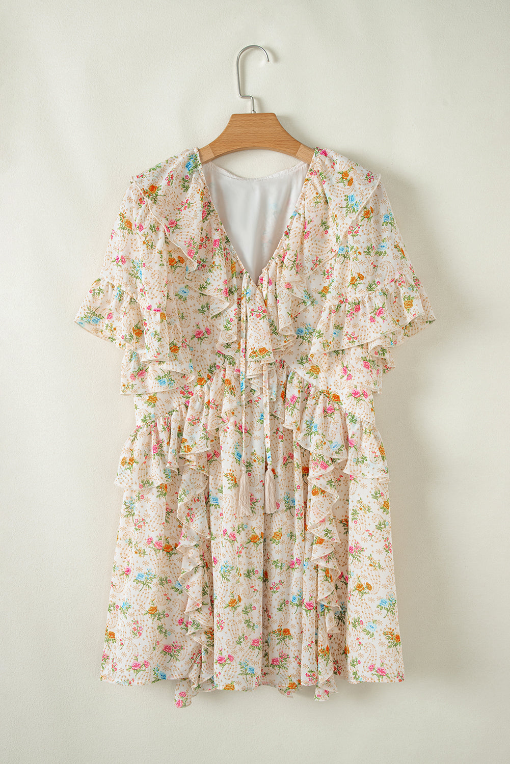 Apricot Boho V Neck Floral Tassel Tie Ruffle Mini Dress - The Fair Lady Shop