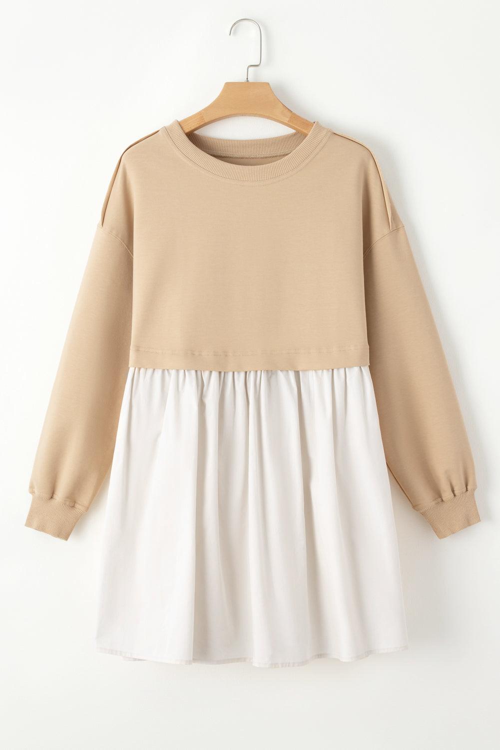 Khaki Sweatshirt Colorblock Flowy Pleated Mini Dress - The Fair Lady Shop