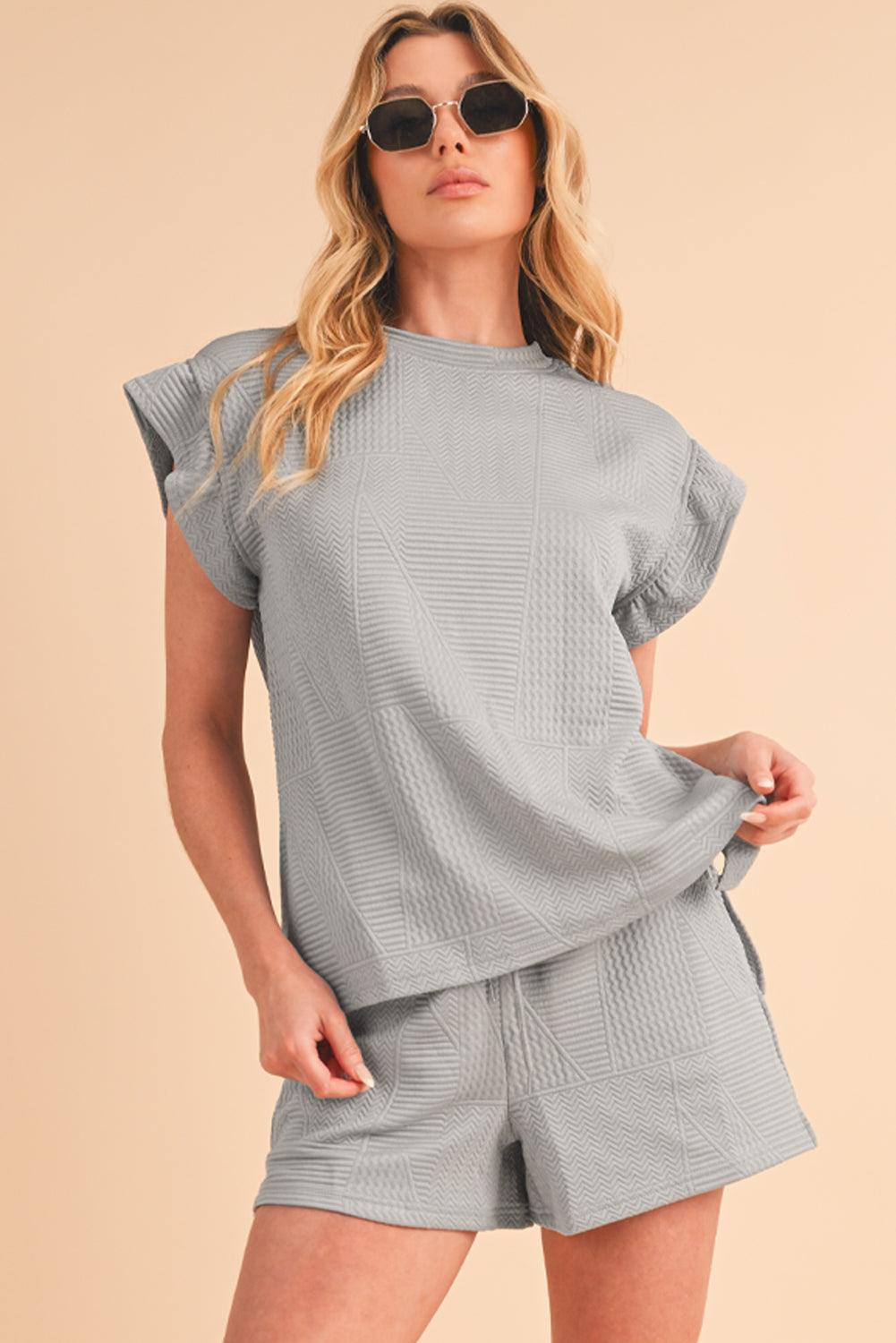 Dark Green Textured Ruffle Split Top and Drawstring Shorts Set - The Fair Lady Shop