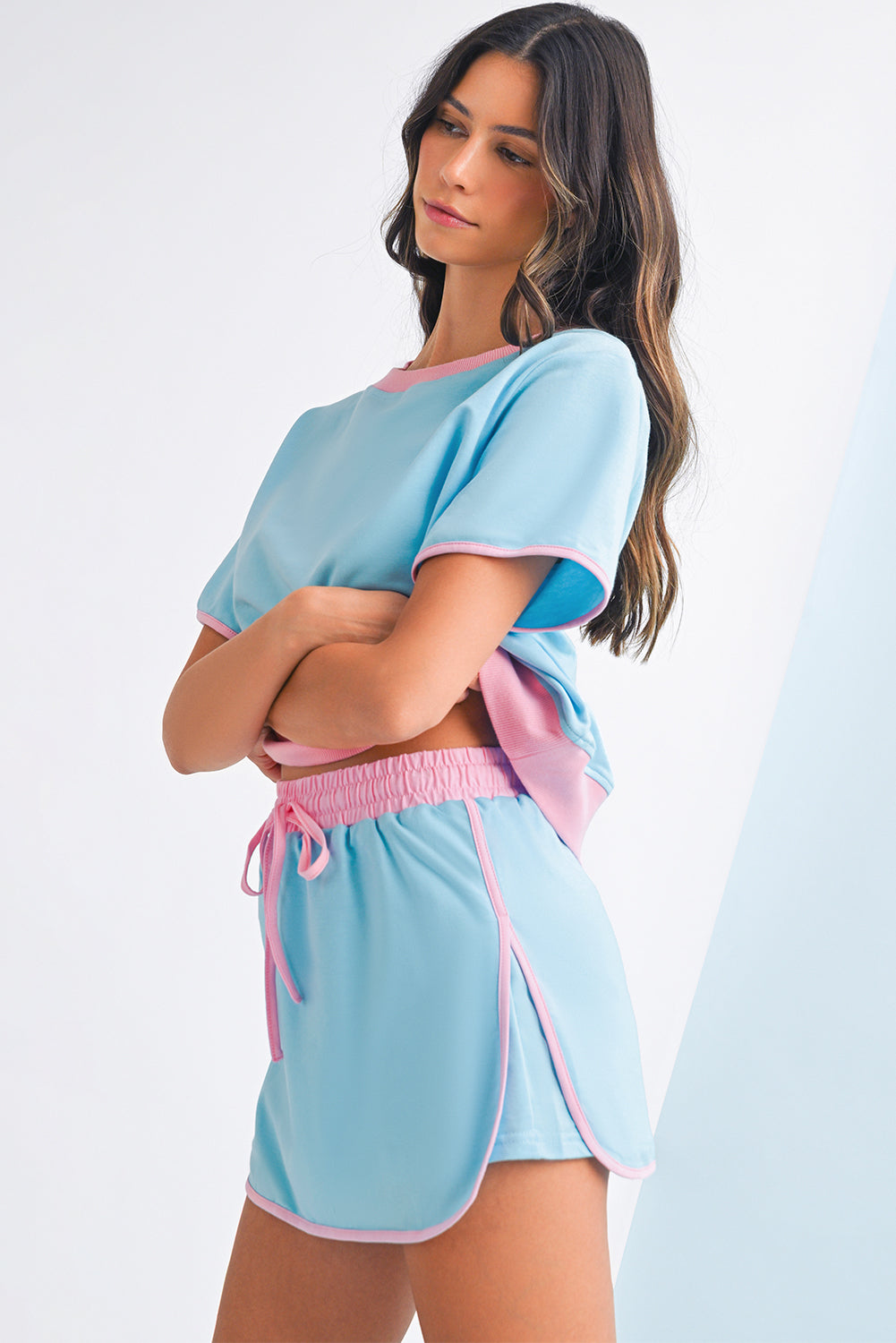 Turquoise Colorblock Edge Drop Shoulder T Shirt and Skort Set