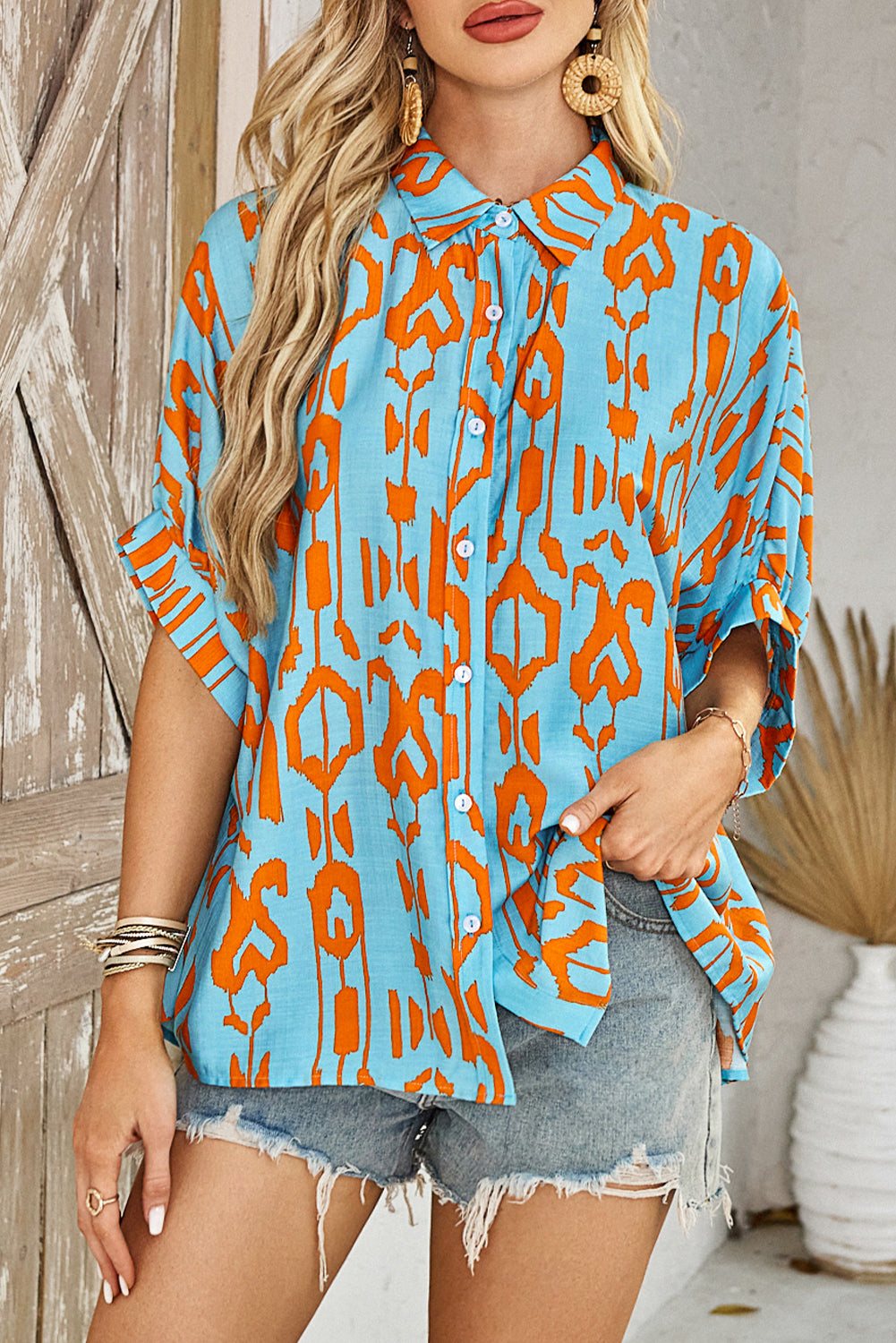 Sky Blue Abstract Print Short Sleeve Button Up Loose Shirt - The Fair Lady Shop