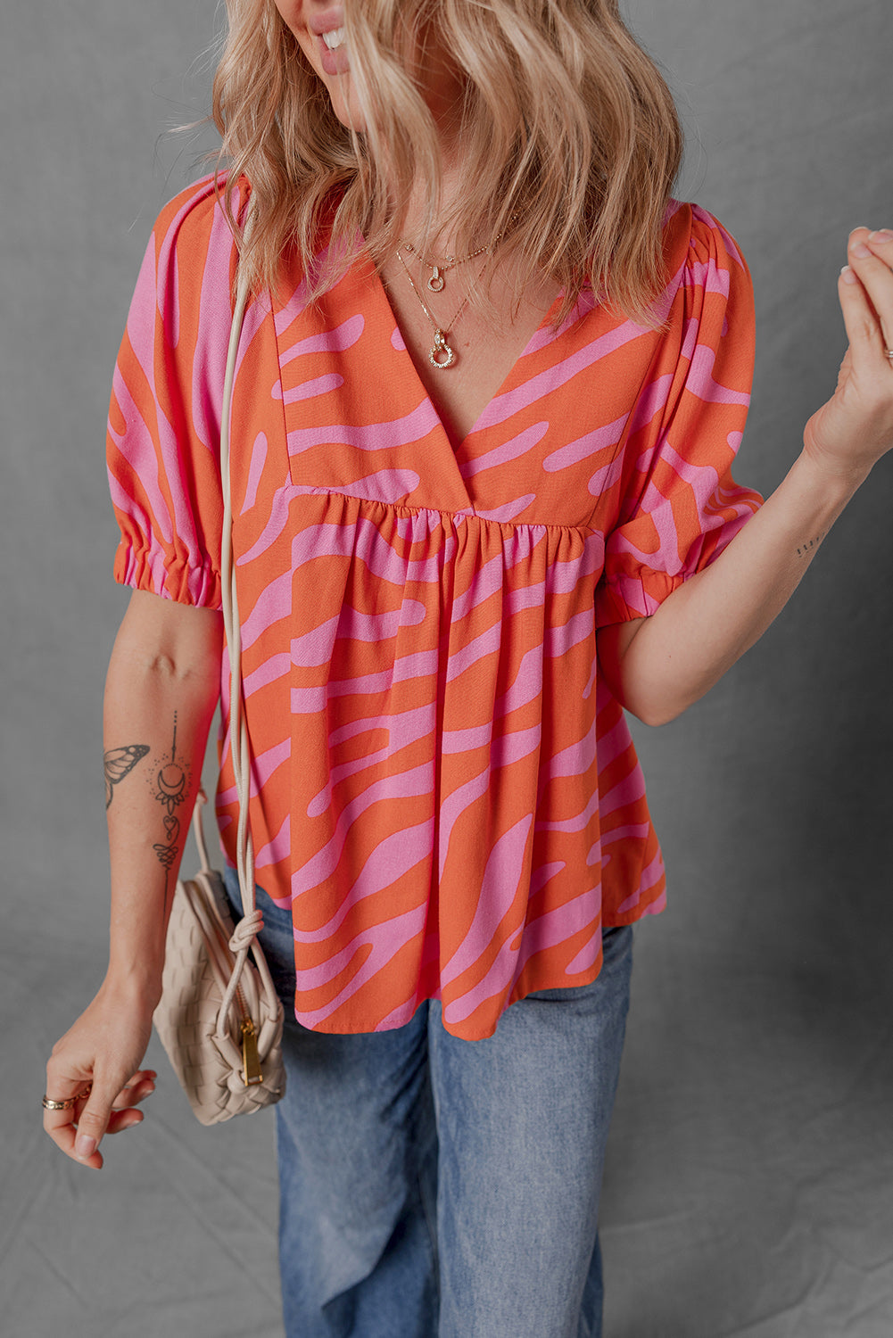 Orange Zebra Stripe Print Ruched Cuff Half Sleeve V Neck Blouse - The Fair Lady Shop