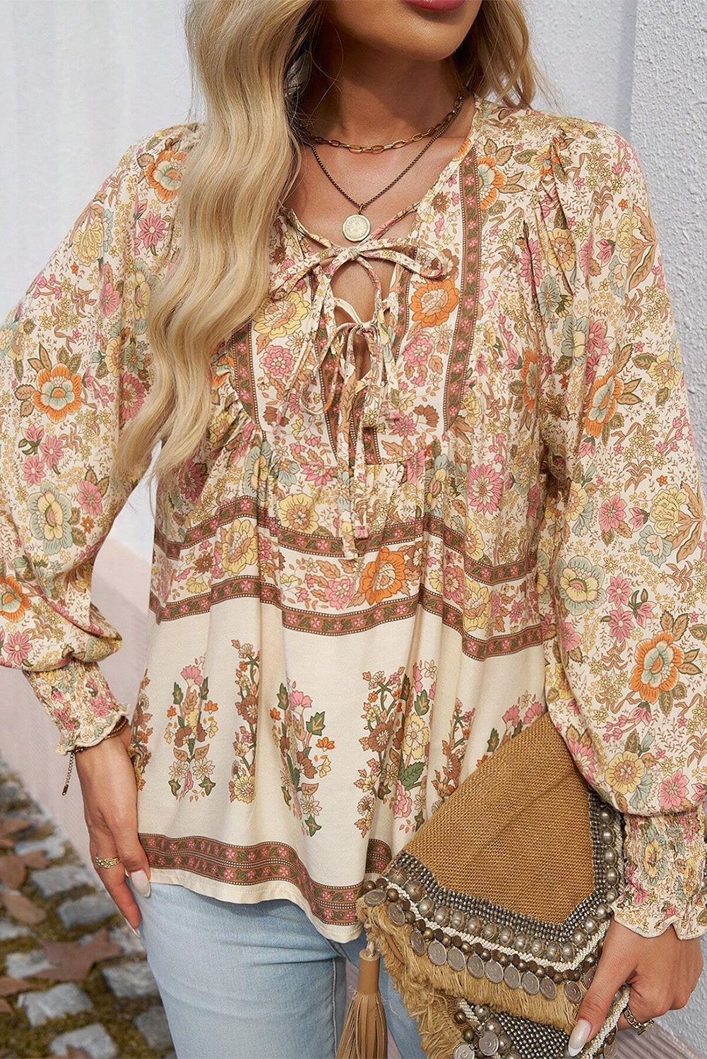 Yellow Floral Print Tie Neck Lantern Sleeve Blouse - The Fair Lady Shop