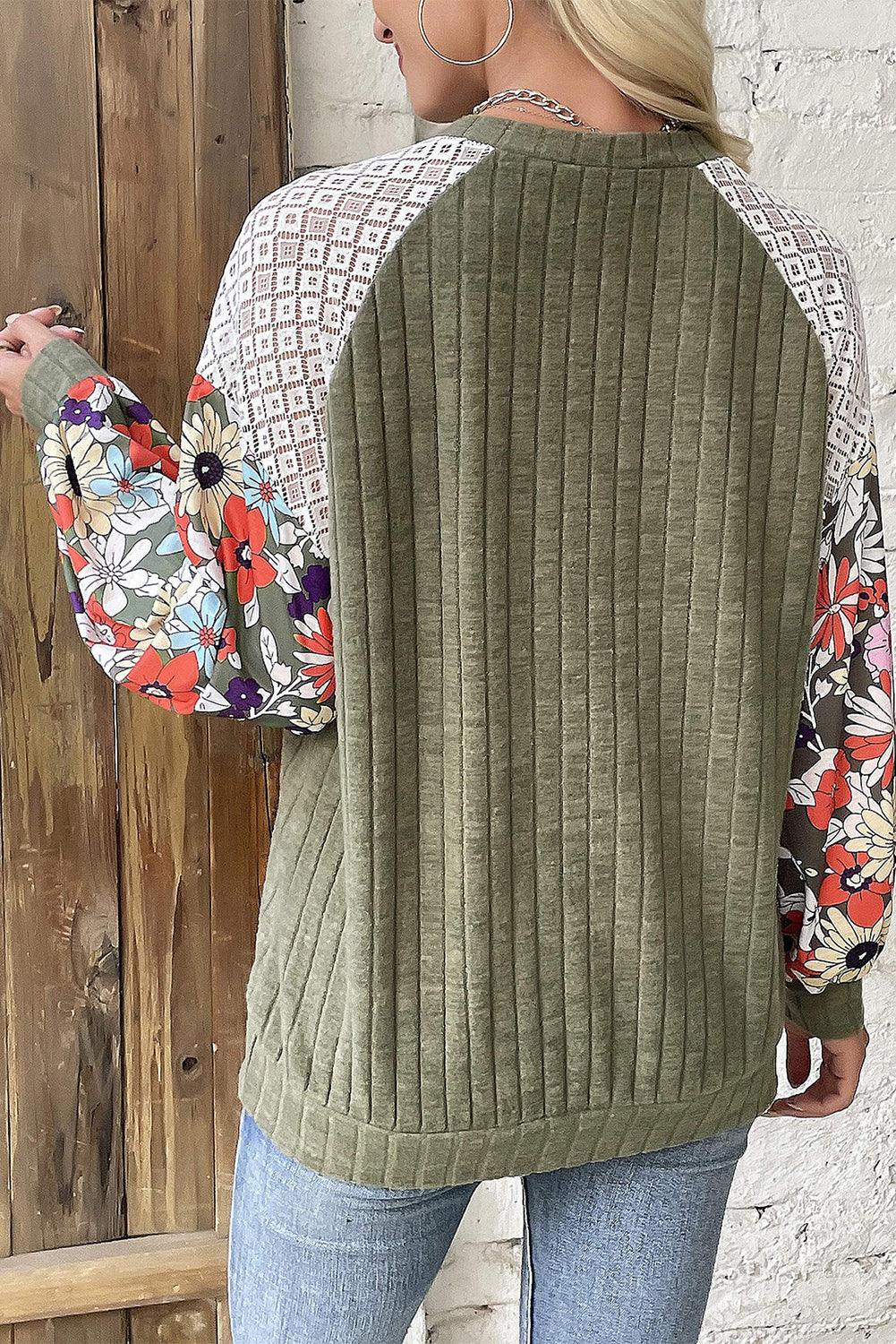 Laurel Green Floral Patchwork Raglan Sleeve Ribbed Blouse - The Fair Lady Shop