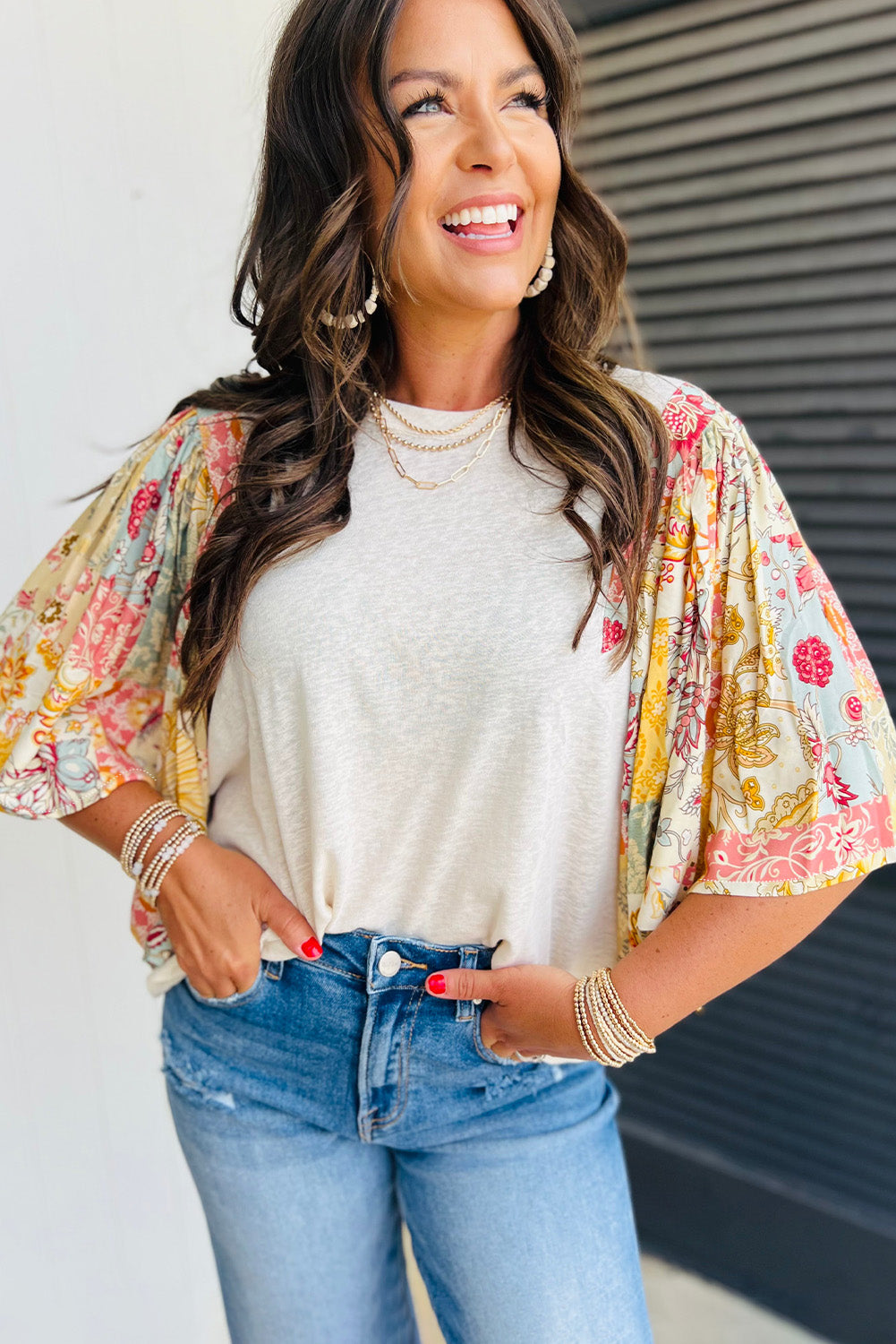 Beige Floral Patchwork Batwing Sleeve Blouse - The Fair Lady Shop