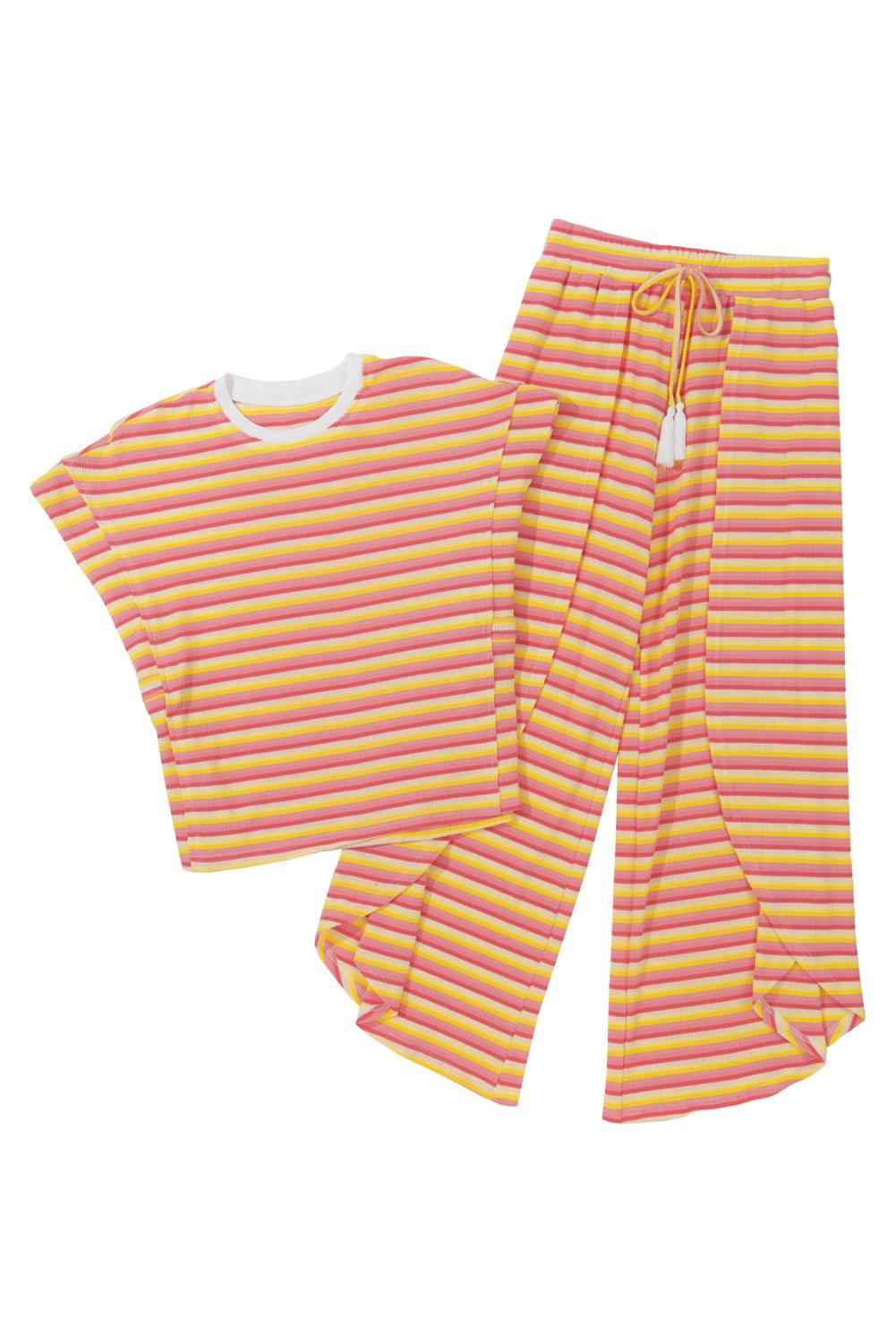 Yellow Stripe Rainbow Tee and Tassel Drawstring Wide Leg Pants Set - The Fair Lady Shop