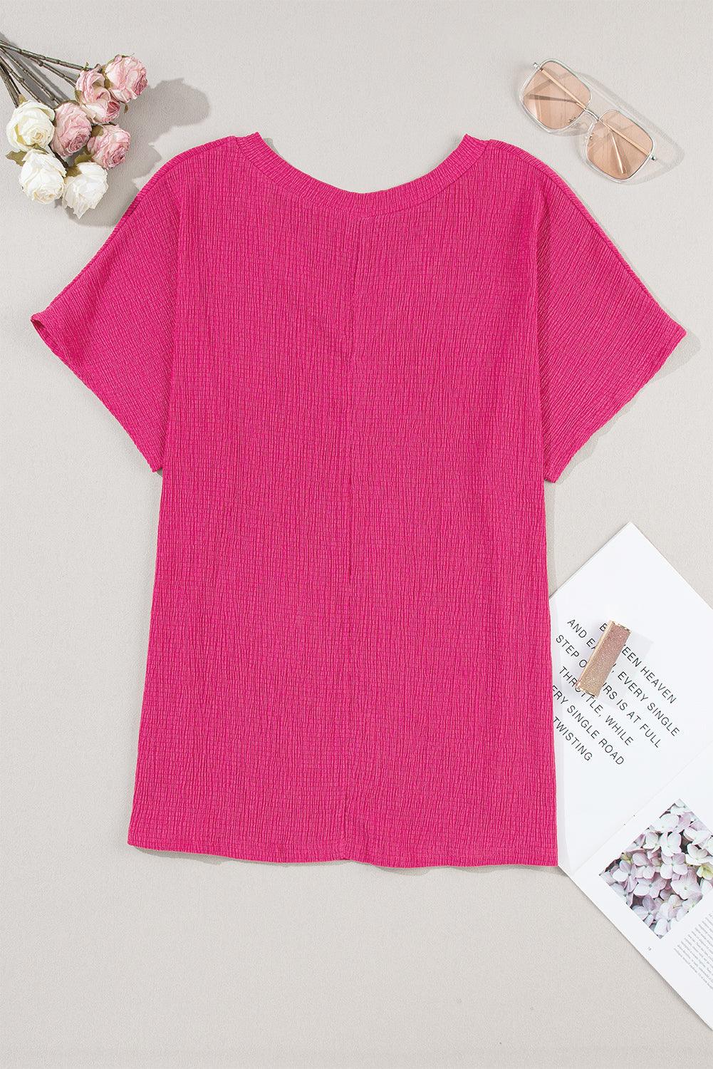 Blue Plain Crinkled V Neck Flounce Sleeve T Shirt - The Fair Lady Shop